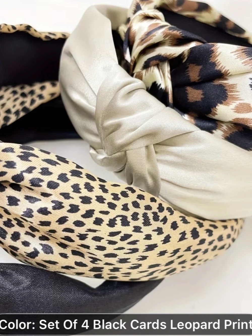 4 Women’s Knotted Headbands - Leopard & Black-Solid Colors-,metallic cream